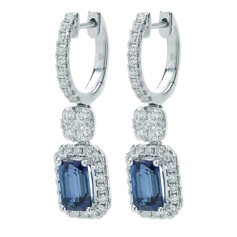 Emerald Blue Sapphire Diamond Halo Huggie Dangle Earrings New York