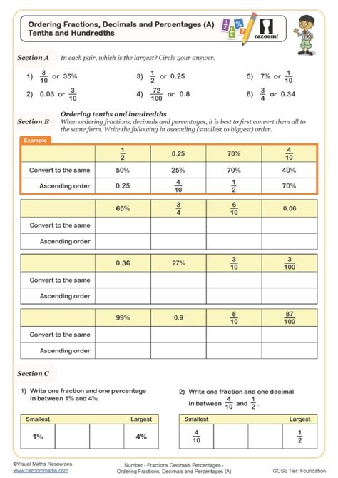 Ordering Fractions Decimals And Percentages A Worksheet Cazoom