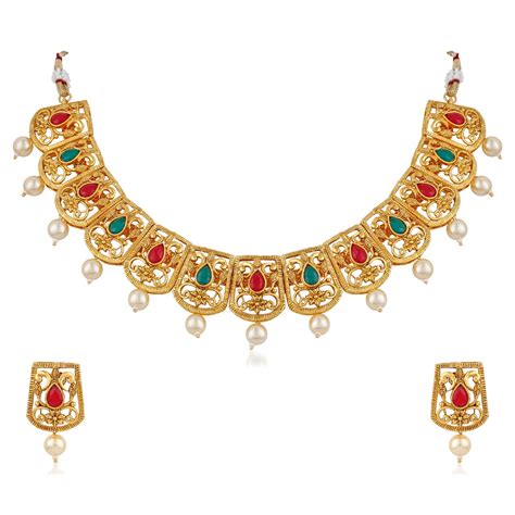 buy apara gold plated red and green necklace set with pearl drop for women at