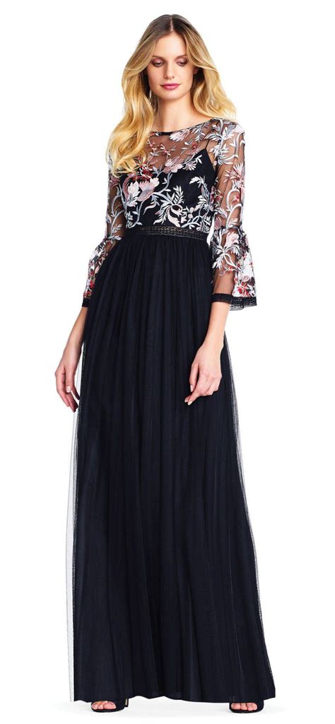 Floral Embroidered Tulle Gown With Bell Three Quarter Sleeves Tulle