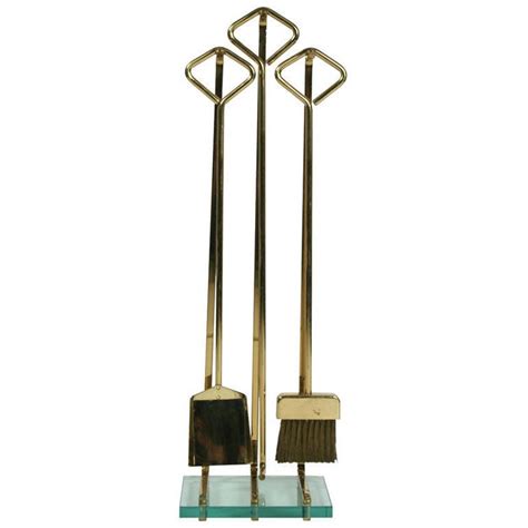 Italian Modernist Solid Brass And Glass Fireplace Tool Set At 1stdibs