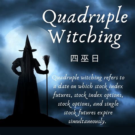 四巫日 英文是 quadruple witching day，是指美国市场于每季（ 3 月、6 月、 9 月、12 月），第 3 个星期五，会有的衍生性金融商品到期结算日，通常在这个期间商品价格会有较大的波动。 投資&英文 - Investment & English - Home | Facebook