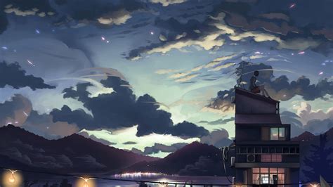 2048x1152 A Cloudy Evening Anime Girl Sitting Rooftop 4k 2048x1152