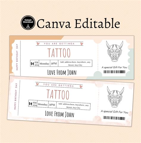 Editable Surprise Tattoo Voucher Ticket Template Tattoo Gift Voucher