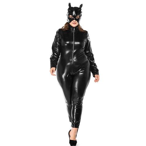 2019 Plus Size Halloween Catwoman Costume Sexy Black Faux Leather