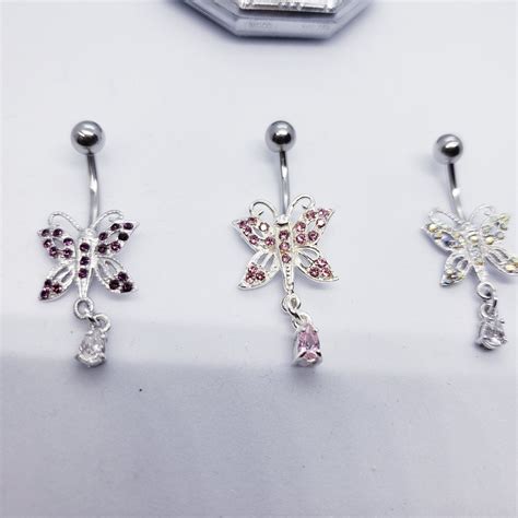 Sterling Silver Butterfly Dangle Belly Button Ring Dangle Cz Etsy