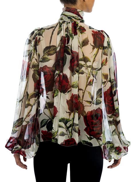 Lyst Dolce And Gabbana Rose Silk Chiffon Tie Neck Blouse In Red