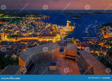 Magical Medieval Hvar Town Lights With Harbor At Evening Croatia Stock