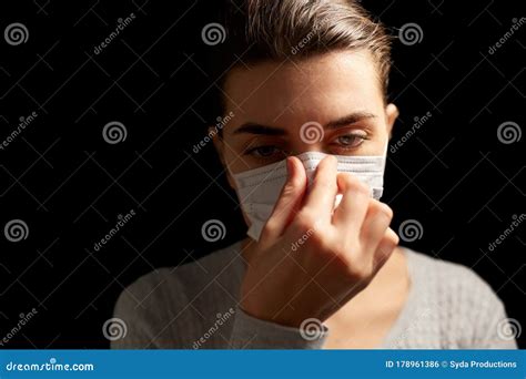 Sick Woman Adjusting Protective Medical Face Mask Stock Photo Image