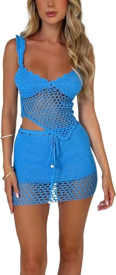 Zzevolss Womens Crochet Hollow Out Cover Up Set See Through Knitted Crop Top Mini Skirt Set