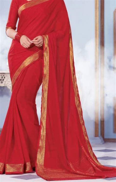 Buy Red Plain Silk Saree With Blouse Online