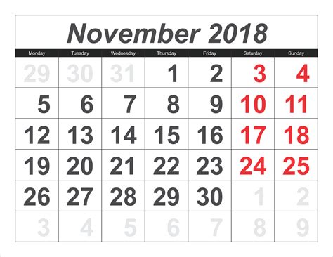 2018 November Calendar Pdf Printable Calendar Template Free