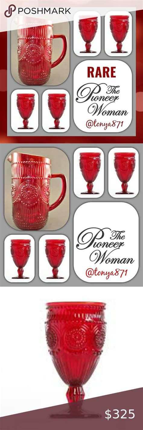 ️ Rare Pioneer Woman Red Adeline Pitcher And 4 Glass Goblets T Set Like New Red Drinking