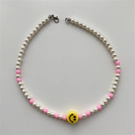 Pink And Pearl Smiley Face Beaded Necklace Etsy