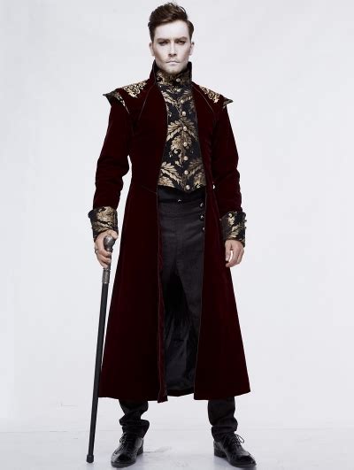 Red Vintage Gothic Victorian Masquerade Long Tail Coat For Men