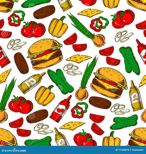 Fast Food Burger With Ingredients Seamless Pattern Stock Vector