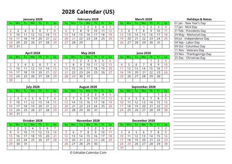 Download Printable 2028 Calendar With Holidays Weeks Start On Sunday