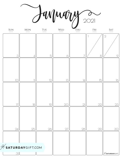 Cute And Free Printable January 2022 Calendar Saturdayt