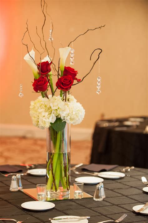 Red Rose Centerpieces With Hanging Crystal Accents