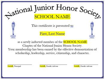 National Junior Honor Society Induction Certificates By Carefree Teaching