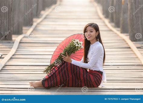 Portrait Of Smiling Beautiful Young Burmese Woman Stock Photo Image