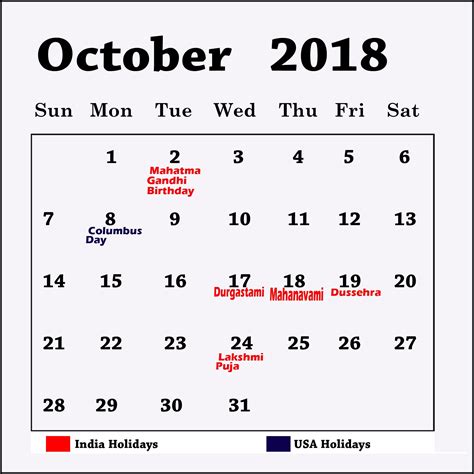 October 2018 Holidays Calendar October Calendar 2018 Printable