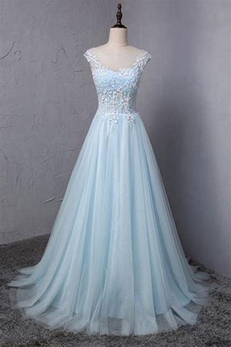 Light Blue Tulle Scoop Neck A Line Long Sweet 16 Prom Dress Lace