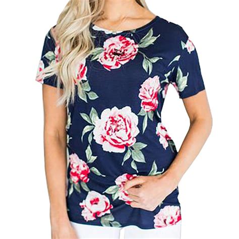 Summer New Women Print Flower Round Neck Short Sleeve T Shirt