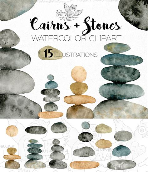 Watercolor Stones Clipart - Cairn Clipart - Beach Stone Clipart - Spa Clipart - Nature Clipart 