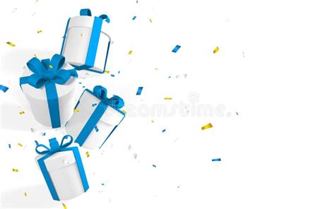 D Realistic Paper White Gift Boxes With Blue Ribbon And Bow Paper Boxes Falling With Confetti
