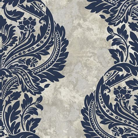 Seabrook Designs Newton Damask Blue And Grey Damask Wallpaper