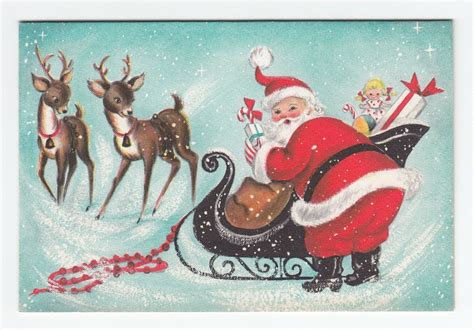 Vintage Greeting Card Christmas Santa Claus Reindeer Sleigh Hallmark