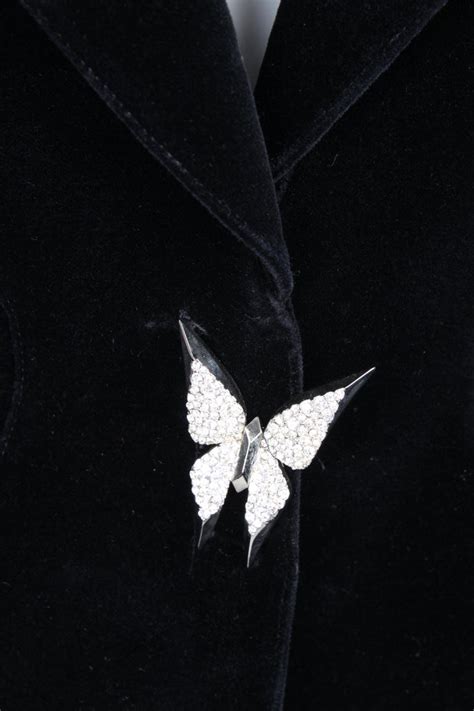 Thierry Mugler Black Velvet Rhinestone Crystal Butterfly Long Sleeve