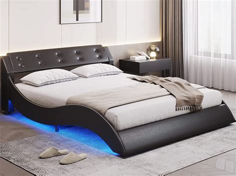 Buy Dictac Queen Modern Upholstered Platform Bed Frame With Led Lights Wave Like Curve Led Bed