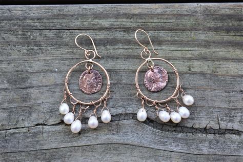 Bronze Roman Coin And Pearl Earrings
