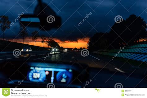 Driving At Night At Sunset Stock Photo Image Of Trees 63637314