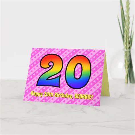Fun Pink Stripes Hearts Rainbow 20th Birthday Card Zazzle