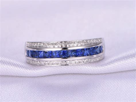 Princess Cut Blue Sapphire Engagement Ring 14k White Gold Diamond