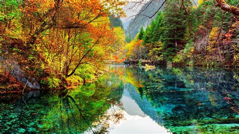 Beautiful Colorful Autumn Trees Scenery Greenery Mountain Reflection On