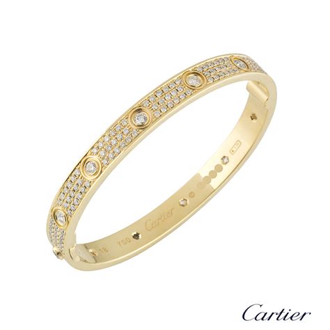 Cartier Yellow Gold Pave Diamond Love Bracelet Size 18 Rich Diamonds