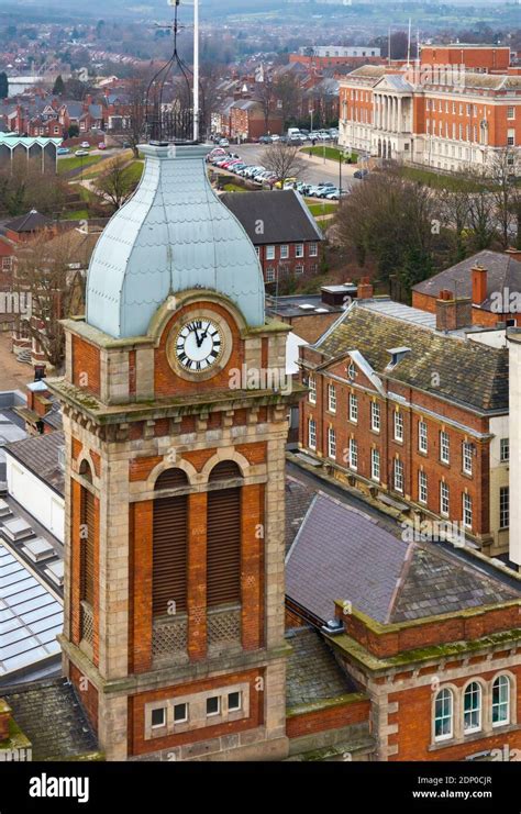 View Looking Town On The Clock Tower Of Chesterfield Market Hall In