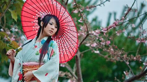 Girl In Kimono And Japanese Umbrella Wallpaper For Desktop 1920x1080