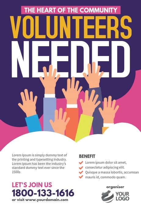 The Volunteer Needed Flyer Is Shown With Hands Reaching Out To Help