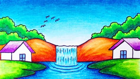 Super Easy Waterfall Scenery Drawing How To Draw Simple Nature