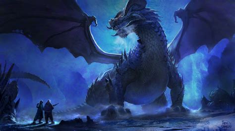 Fantasy Blue Dragon Is Standing Near Two Men Hd Dreamy Wallpapers Hd