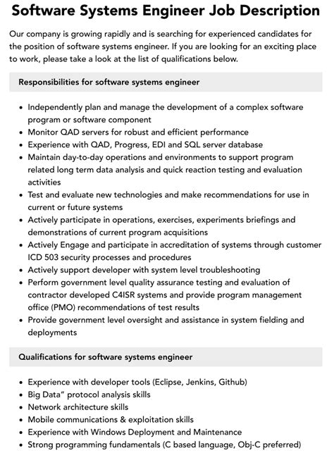 Software Systems Engineer Job Description Velvet Jobs