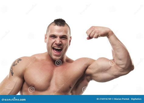 Screaming Bodybuilder Flexing Arm Shirtless Excited Muscular Healthy