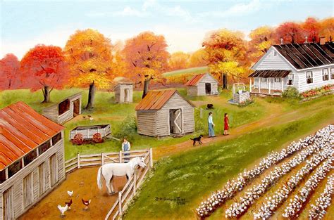 Fall Folk Art Prints Original Landscape Painting Cotton Field Outhouse