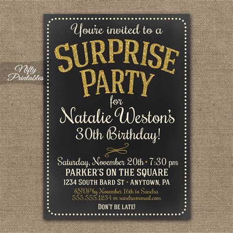 Chalkboard Gold Glitter Surprise Party Invitations Nifty Printables