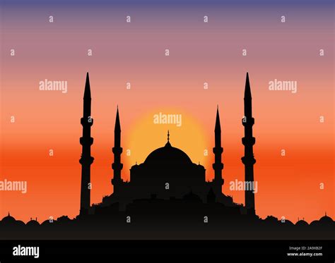 Mosque Silhouette In Sunset Beautiful Night Landscape Stock Vector